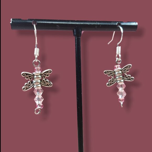 Silver-Toned Dragonfly Dangle Earrings with Pink Crystal Beads - Picture 5 of 11